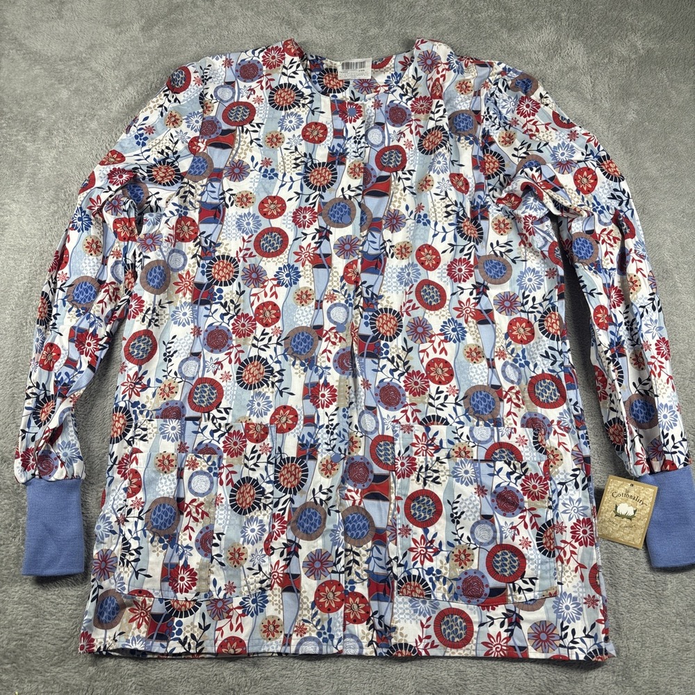 Cottonality Women's Long Sleeve Floral Design Scrub Top‎ 75250 Size Medium New